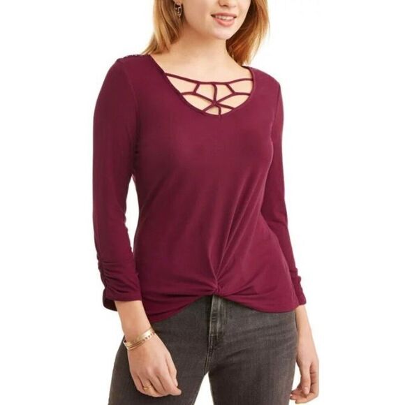 NO BOUNDARIES - NWT - L Sz XL Cage Neck/Lace Medallion Back Top/Red Pomegranate - Picture 2 of 16